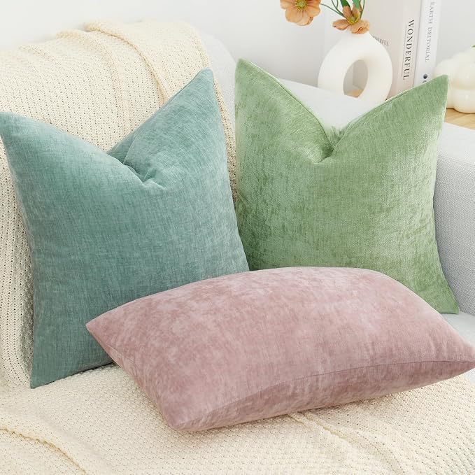 decorUhome Soft Chenille Sage Green Throw Pillow Covers 26X26 Set of 2 | Decorative Fall Couch Pillow Covers Solid Dyed Accent Modern Euro Sham Farmhouse Neutral Square Pillow Cases for Sofa