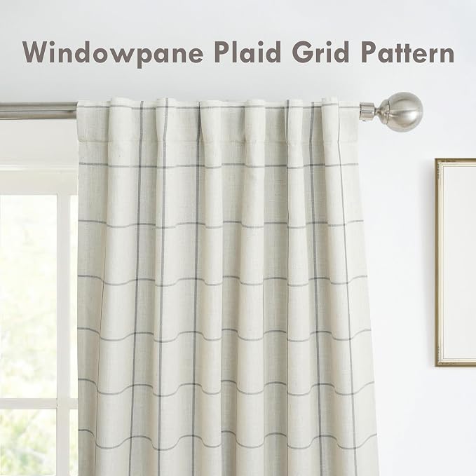DriftAway 100% Blackout Plaid Linen Curtains 90 Inches Long 2 Panels Gray | 100% Blackout, Linen Texture, Plaid Pattern, Two Layers, Rod Pocket & Back Tab, Bedroom Living Room Use, Luxury Appearance