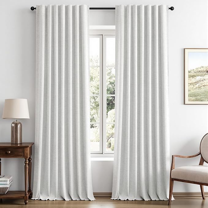 MIULEE 100% Blackout Linen Curtains 42 x 96 Inch Heathered White 2 Panels | Thermal Insulated, Room Darkening Drapes for Bedroom Living Room, Back Tab Rod Pocket Pinch Pleated, Solid Luxury Decor