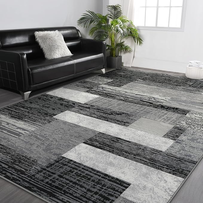 FlyDOIT Modern Geometric Patchwork Area Rug, 5x8 Grey Large Rugs for Living Room, Rockwood Collection Indoor Rugs for Bedroom, Throw Carpet Floor Decor for Entryway Dining Room Office Nursery