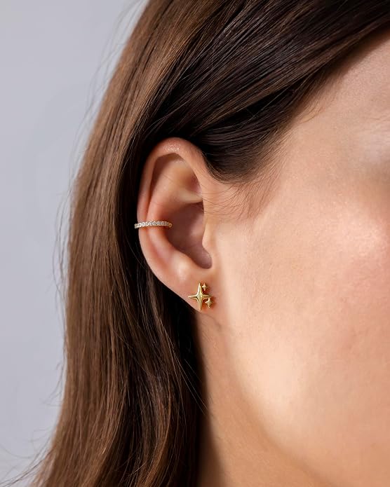 PAVOI 14K Gold Plated Dainty Flat Back Earrings for Women - Hypoallergenic Sterling Silver Posts Helix Cartilage Piercing Jewelry - Emoji Motif Bow Celestial Flatback Gold Stud Earrings Screw Back