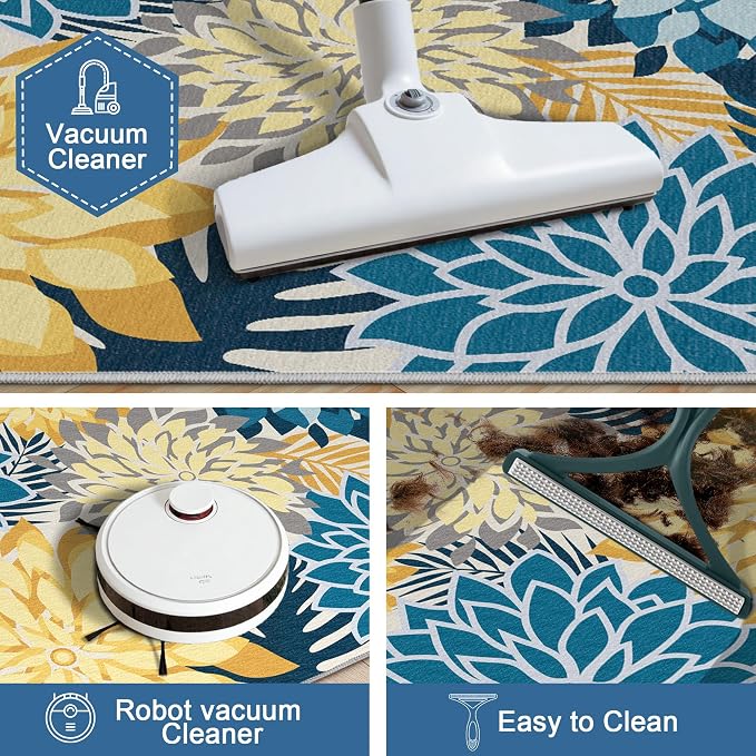 Colorful 3x5 Washable Rug for Living Room Tropical Botanical Modern Floral Chenille Area Rugs Low Pile Non Slip Carpet for Patio, Bedroom, Laundry, Ocean Dahlia