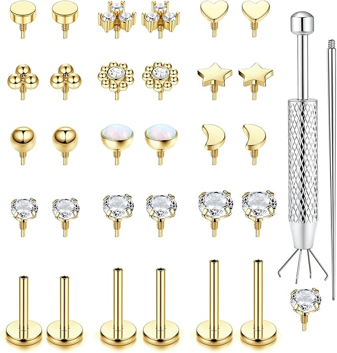 LOLIAS 16G 18G Flat Back Stud Earrings for Women - Hypoallergenic Surgical Steel Internal Thread Stud Piercing Jewelry for Tragus Helix Cartilage Conch Nose 6MM 8MM 10MM Lip Labret Medusa Piercing