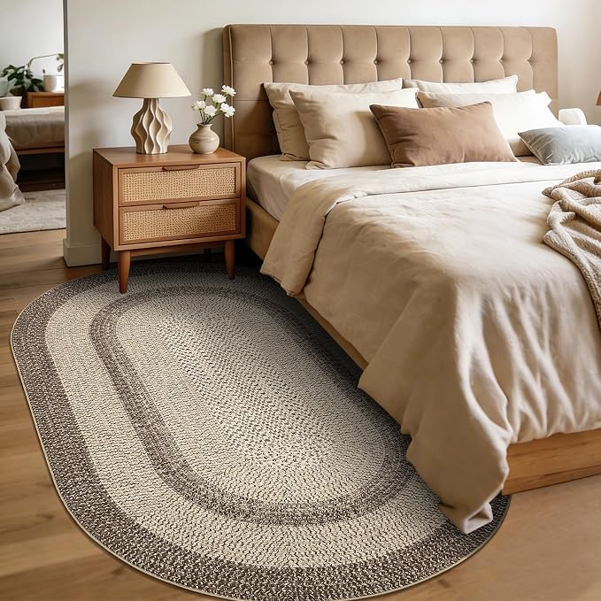 5x8 Oval Living Room Area Rug Washable Modern Border Bedroom Bedside Area Rugs Non Slip Low Pile Dining Room Oval Throw Carpet Contemporary Rugs for Living Room Kitchen Nursery, Camel