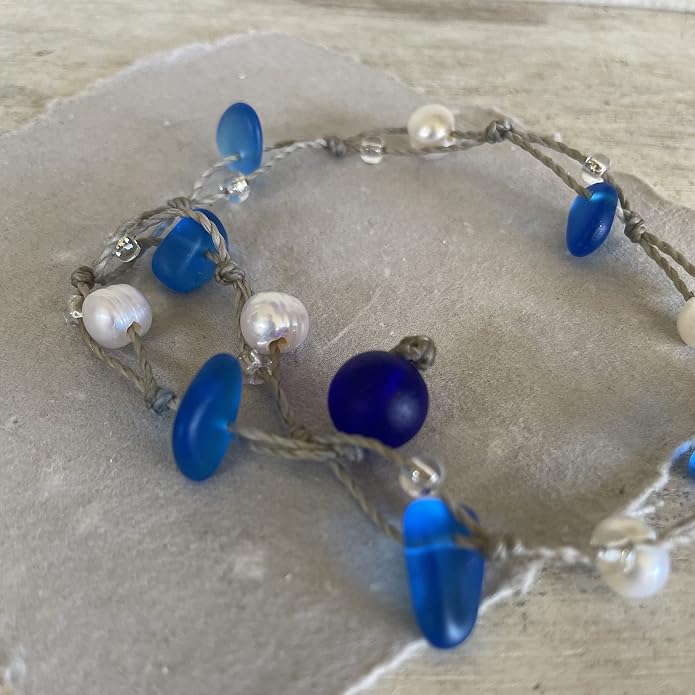 Freshwater Pearl and Dark Blue Sea Glass Wrap Bracelet or Anklet, Beachy Boho Jewelry for Women, Handmade in the Caribbean
