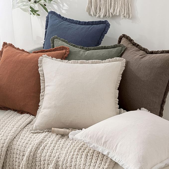 MIULEE Decorative Throw Pillow Covers Neutral Linen Fringe Throw Pillows Set of 2 Natural Coffee Boho Farmhouse Cushion Covers with Tassels for Couch Sofa Bed Living Room Fall Decor 20x20 Inch