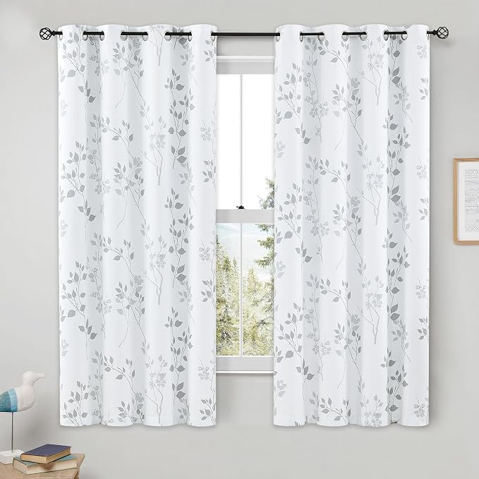 Beauoop Floral 100% Blackout Curtains for Bedroom Grey White 52X54 2 Panels | Flower Patterned Room Darkening Drapes for Living Room 54 Inches Long Thermal Insulated Soundproof Window treatment Grommet