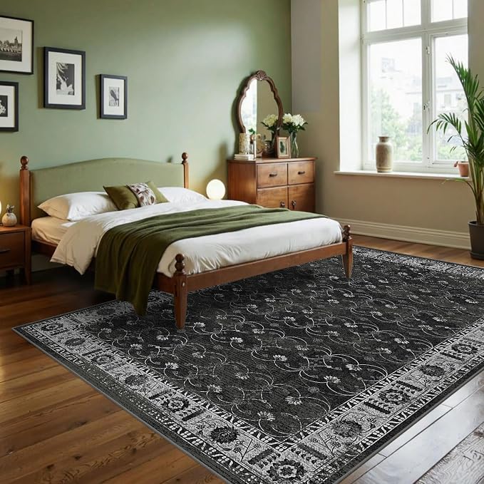 Rugxara 6x9 Washable Area Rug for Living Room, Neutral Vintage Large Boho Rugs for Office, Dining Room, Kids Room, Farmhouse, Durable Low Pile Non Slip Carpet for High Traffic Areas, Black