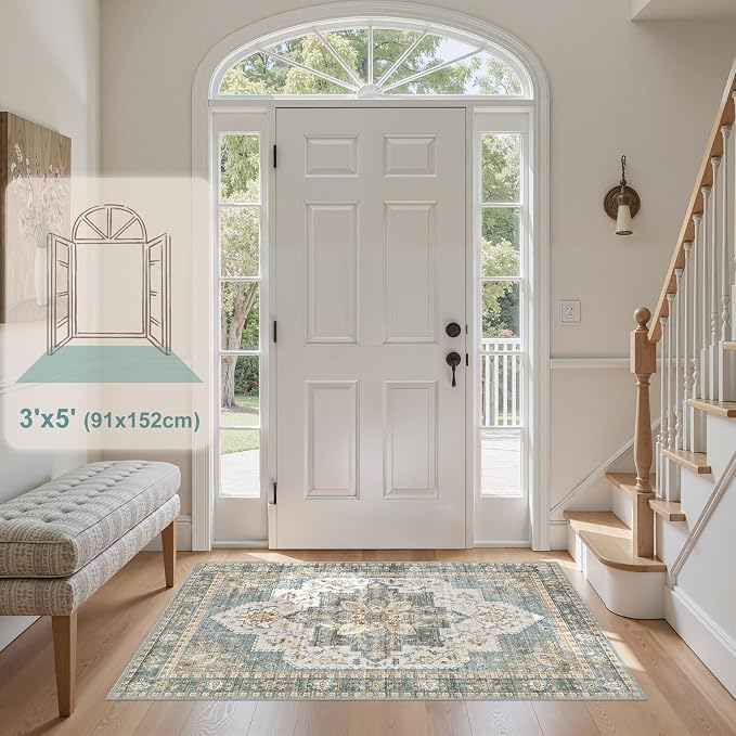 Tortania Area Rug Living Room Rugs - 3x5 Washable Rug Vintage Oriental Distressed Farmhouse Small Thin Indoor Carpet for Living Room Bedroom Under Dining Table Home Office - Muted Teal