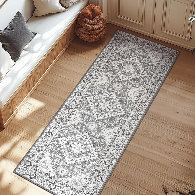 Lessymo Runner Rug for Hallway, Machine Washable Entryway Rugs Boho Faux Wool Low Pile Long Rug for Bedroom, Floral Medallion Vintage Rugs with Non-Slip Rubber, 2.6 x 8, Grey Beige
