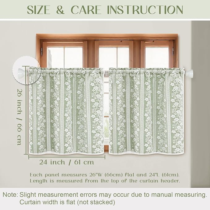 ASPMIZ Linen Kitchen Curtains Double Layer Kitchen Window Curtains Over Sink 24 Inch Sage Green Tier Curtain Light Filtering Rod Pocket Cafe Curtain Short Window Treatments with 2 Tiebacks, 26x24