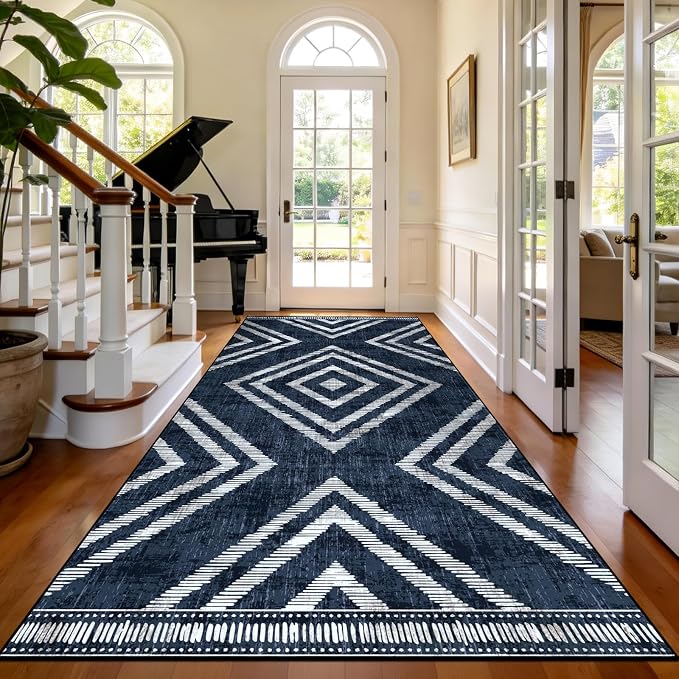 4x10Ft Boho Rug Runners for Hallway Non Slip, Geometric Washable Kitchen Runner Rugs, Navy Blue Soft Wide Modern Farmhouse Entryway Floor Carpets for Entrance Doorway Bedroom Home Decor
