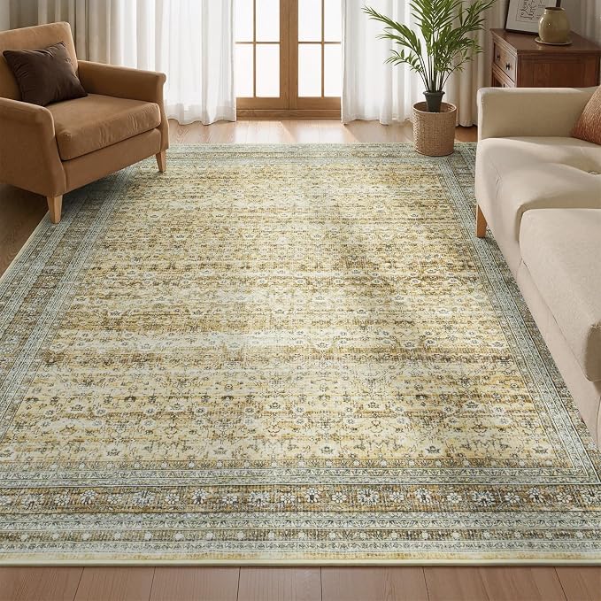 6x9 Area Rugs for Living Room Bedroom, Washable Large Rugs Non-Slip | Vintage Distressed Retro; Low Pile; Stain Resistant; Neutral Boho Carpet for Dining Room, Nursery, Home Office; Oatmeal Beige