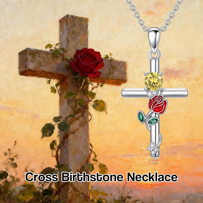 Birthstone Cross Necklace 925 Sterling Silver Rose with Butterfly Birthstone Cross Pendant Necklace Jewelry Gifts for Women Birthday Christmas