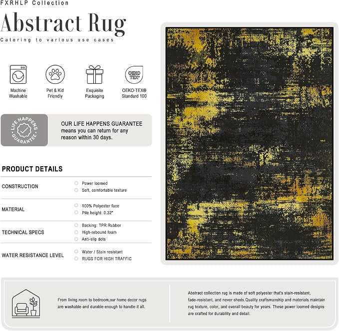 9x12 Area Rug Living Room Rug: Washable Modern Abstract Soft Thin Rug Indoor Floor No Slip Carpet for Bedroom Dining Room Farmhouse Nursery Home Office - Dark Black Gold