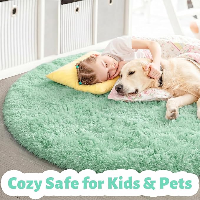 Amdrebio Sage Green Round Rug 6Ft for Living Room Bedroom, Fluffy Furry Circle Rugs for Nursery, Classroom, Baby Kids Room Decor, Cute Shaggy Area Rug for Teen Boys, Fuzzy Plush Light Mint Carpet