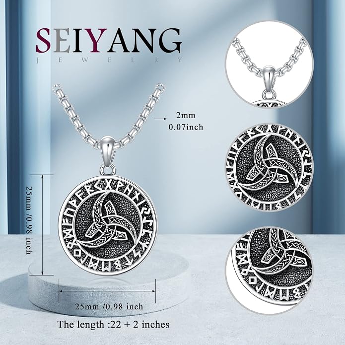 Seiyang Sterling Silver Viking Necklace Norse Jewelry Gift for Men Women with 2mm 22+2 IN Rolo Chain (with Gift Box)