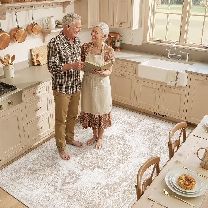 Area Rug 4x6 Vintage Rug: Washable Indoor Medallion Rugs Low Pile Distressed Floor Carpet Retro Accent Rug for Living Room Bedroom Kitchen Dining Table Home Office(Beige, 4'x6')