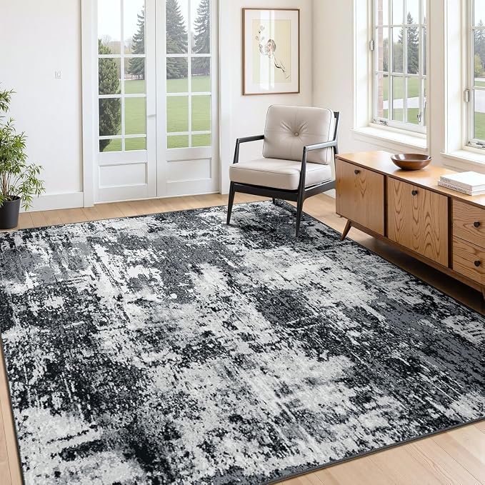 RELEANY Washable Area Rugs 6'x8' Non-Slip Modern Abstract Soft for Living Room Entryway Bedroom Kitchen, Print Pattern, Black Navy Blue Gray