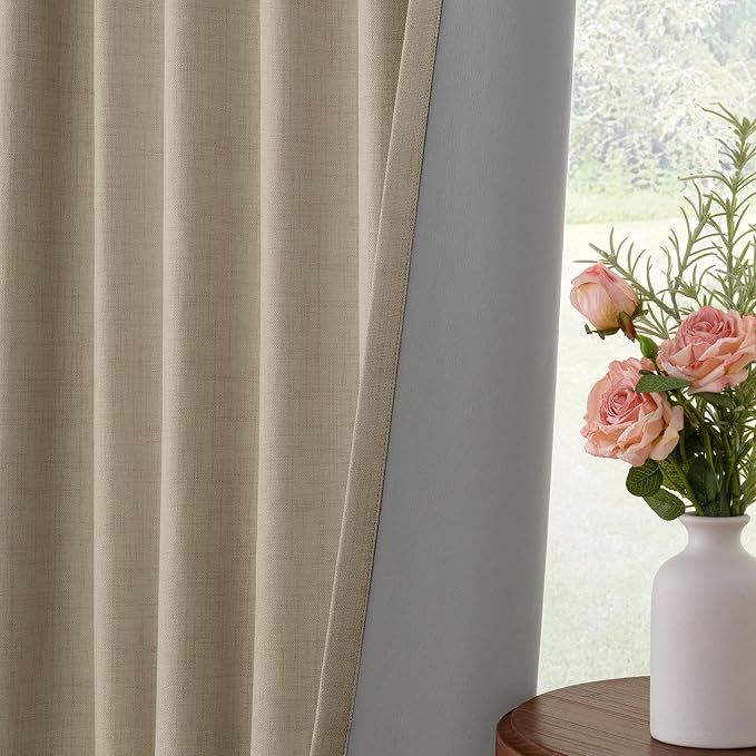 INOVADAY 100% Blackout Curtains for Bedroom, Earthy Beige Black Out Curtains 102 Inch Long, Clip Rings Linen Blackout Drapes, Thermal Insulated Room Darkening for Living Room, 2 Panels - W50xL102