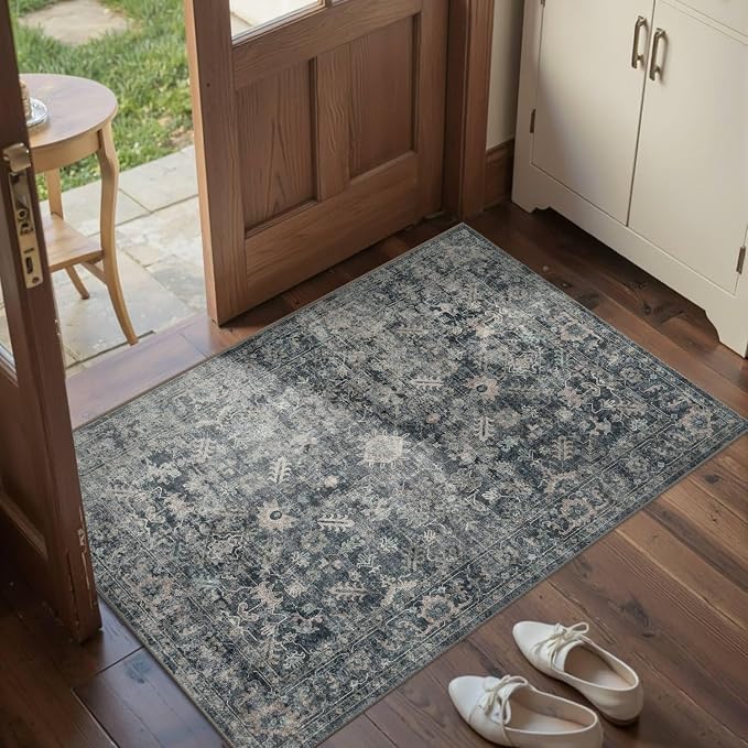 Rugxara 2x3 Entryway Rug Door Mat, Washable Samll Rug, Non Slip, Blue | Rug for Entry Entrance Bathroom Kitchen, Stain Resistant, Soft Throw Accent Rug, Low Pile Front Door Mat, Vintage Boho Carpet
