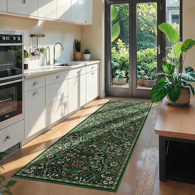 2’6″x 8’ Washable Runner Rug,Dark Green Floral Kitchen Rugs for Hallway,Low-Pile Non-Slip Stain Resistant Carpet for Kitchen, Bedside,Laundry Room,Entryway