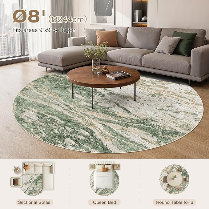 Area Rugs for Living Room: 8ft Round Abstract Washable Rug Modern Neutral Large Soft Stain Resistant Non-Slip for Bedroom Dining Room Indoor Home Office Carpet - Green Brown