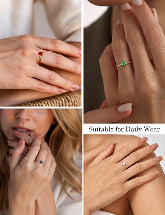 WFYOU Gold Heart Birthstone Rings for Women 14K Gold Plated Non Tarnish Stackable Pinky Cubic Zirconia Rings Emerald Dainty Gemstone Thumb Ring Band Cute Jewelry Birthday Gift Size 5-10