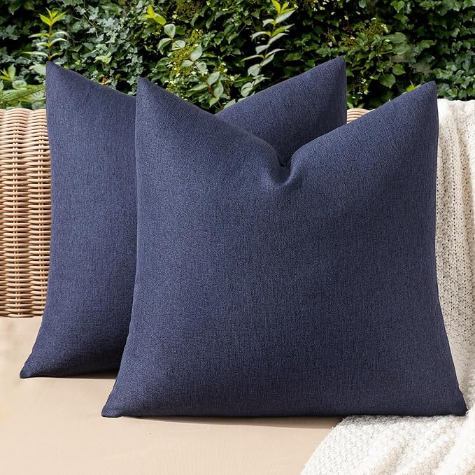 MIULEE Pack of 2 Decorative Outdoor Solid Waterproof Throw Pillow Covers Euro Sham Faux Linen Garden Farmhouse Cushion Cases for Summer Patio Tent Balcony Couch Sofa 22x22 Inch Navy