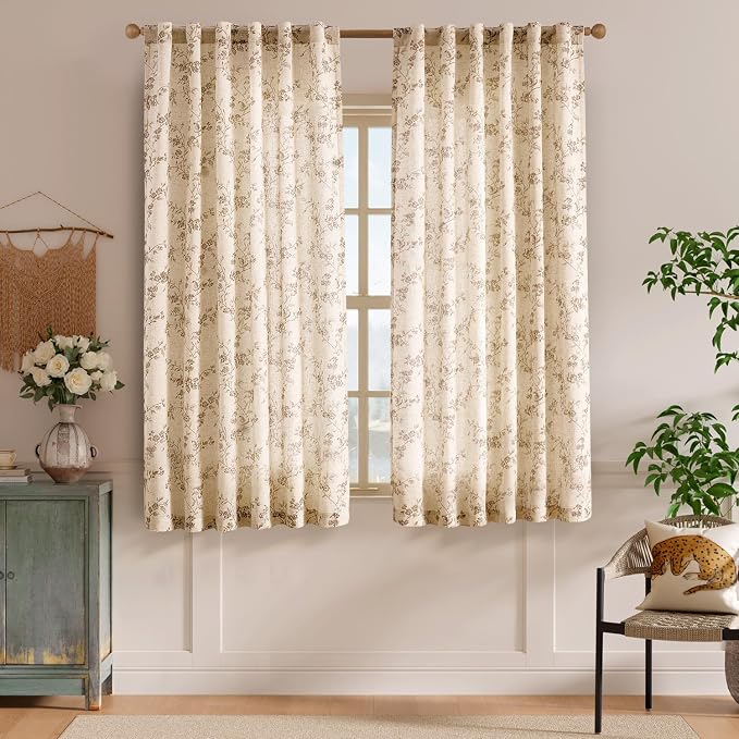 Lazzzy Linen Farmhouse Curtains Taupe Floral Curtains 63 Inch Long Back Tab Drapes for Living Room Bedroom Light Filtering Country Vintage Rod Pocket Curtain, 2 Panels, Taupe on Beige