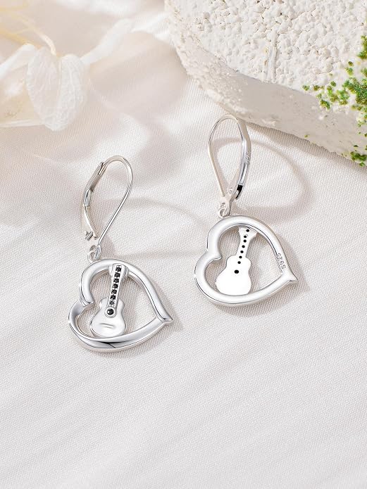 Midari Heart Dangle Earrings 925 Sterling Silver Leverback Drop Earrings Teacher Music Art Jewelry Gifts for Women Students Apple/Guitar/Palette/Note Design