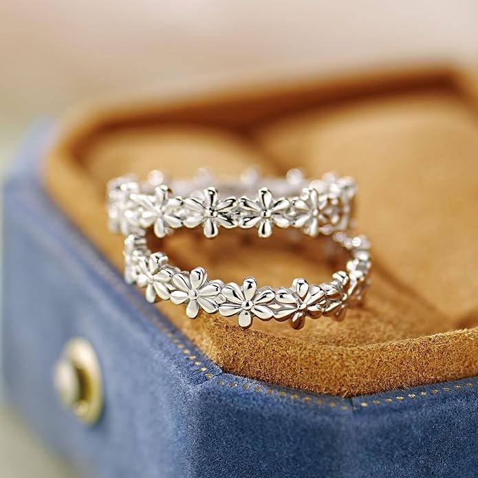 925 Sterling Silver Rings for Women Daisy Flower Stack Rings，Sterling Silver Hypoallergenic Fade-Resistant，Non Tarnish Statement Ring Fashion Marriage Band Sunflower Stacking Ring Jewelry Gift for Women