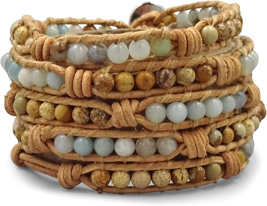 MGR MY GEMS ROCK! 35-Inch Long Multi-Layer Hand Crafted Gemstone and Crystal Multi-Stone Beaded on Genuine Leather Boho Style Stackable Super Wrap Bracelet, up to 5 Wraps.