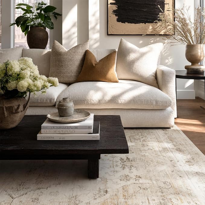 AMOAMI-Area Rug 6X9 Rugs for Living Room-Vintage Soft Beige Rugs for Bedroom-Non Slip Carpet-Machine Washable Rug for Dining Room Living Room Bedroom Office Under Table