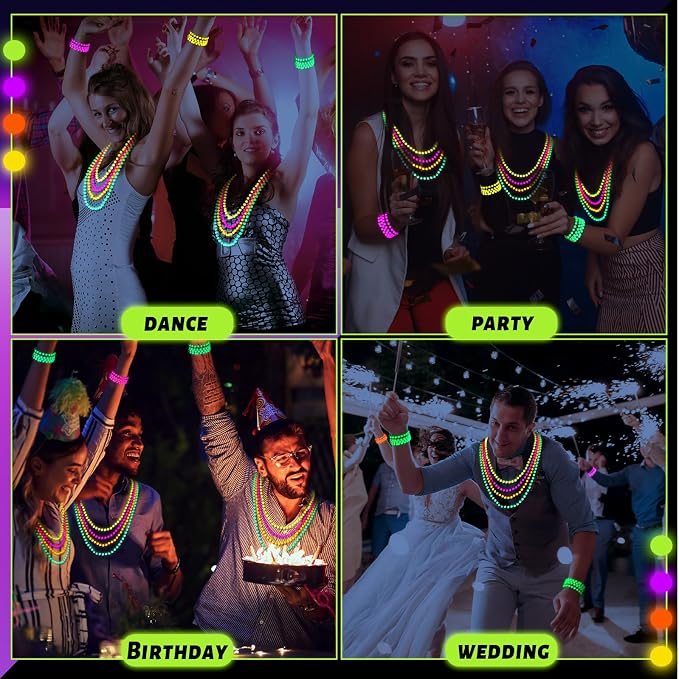 Ecally 96 Pieces Neon Beads Necklaces 33" Glow in The Dark UV Neon Bead Necklaces Glow Party Supplies 80s UV Black Light Accessories Bulk for Birthday Decorations Wedding Mardi Gras Party
