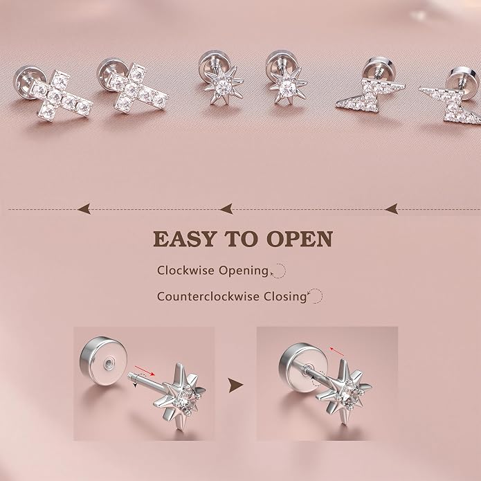 14K Gold Plated Solid 925 Sterling Silver Post Flat Back Earrings Stud | Cartilage Helix Conch Tragus Piercing Jewelry 3 Pairs Tiny Screw Dainty CZ Opal Earring Set Men Women