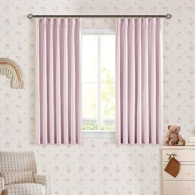 Light Pink Pleated Black Out Linen 45 Inch Curtains with Liner 2 Panels | 100% Blackout, Memory Trained Pinch Pleat, Thermal Insulated, Noise Reduce, Short Curtains 2 Layers for Nursery Small Window