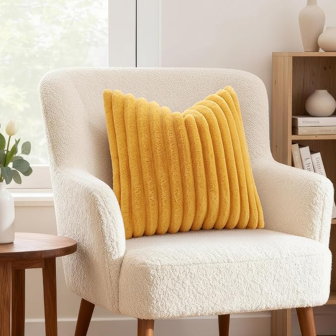 decorUhome Fall Faux Fur Throw Pillow Covers 24x24 Set of 2 Mustard Yellow | Decorative Soft Cozy Striped Plush Modern Farmhouse Boho Couch Pillow Cases Velvet Back for Sofa Bed Living Room Home Decor