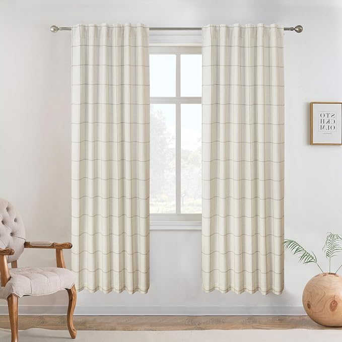 DriftAway 100% Blackout Plaid Linen Curtains 72 Inches Long 2 Panels Taupe | 100% Blackout, Linen Texture, Plaid Pattern, Two Layers, Rod Pocket & Back Tab, Bedroom Living Room Use, Luxury Appearance