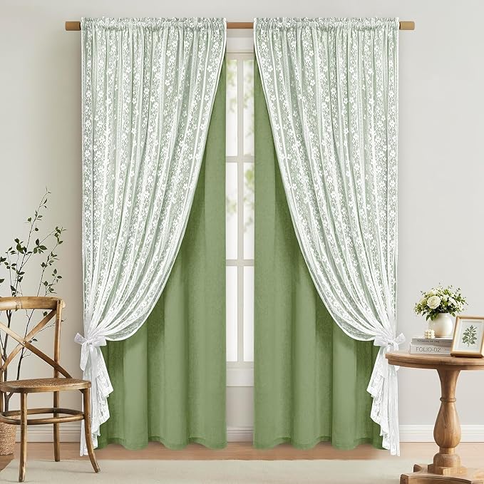 ASPMIZ Linen Curtains for Living Room Double Layer Curtains with Linen Lace, Sage Green Curtain for Bedroom Light Filtering, Rod Pocket Drapes 84 Inch Length 2 Panels Set with 2 Tiebacks, 52x84