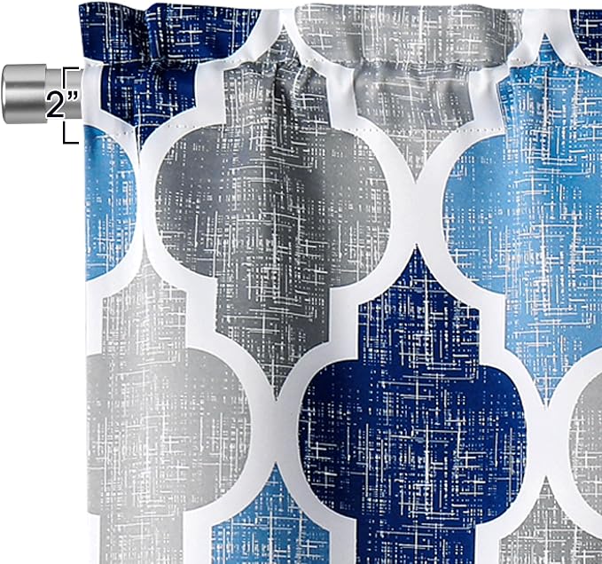 Beauoop Moroccan Valance Curtains for Kitchen Cafe Blue Grey 52x18 1 Panel | Geometric Blackout Short Curtains for Living Room Bedroom 18 Inch Length Thermal Quatrefoil Small Window Curtains Rod Pocket
