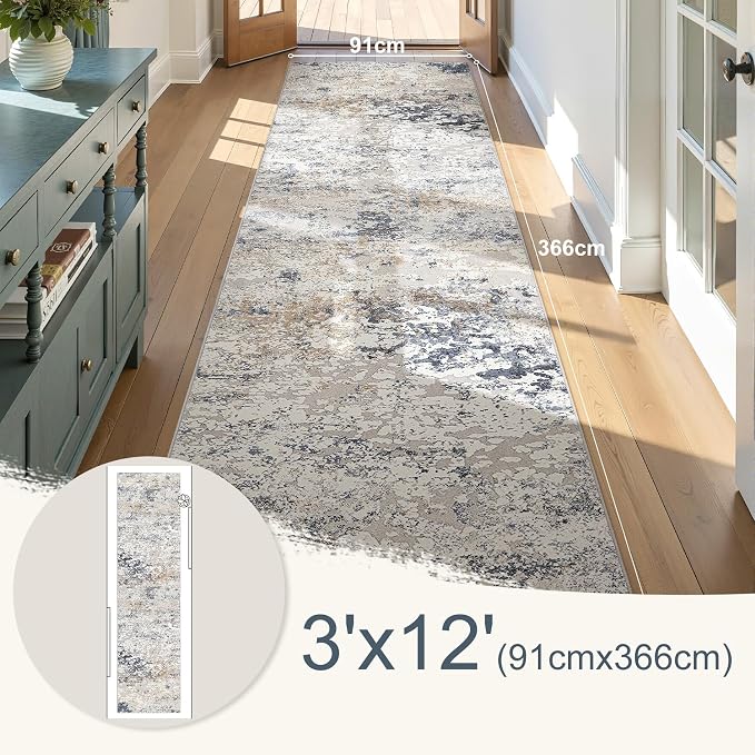 DMOYEST Washable Runner Rug for Hallway: 3x12 Neutral Modern Abstract Low Pile Area Rug with Non-Slip Backing - Carpet for Bedroom Kitchen Laundry Entryway Bathroom Indoor -Beige Blue