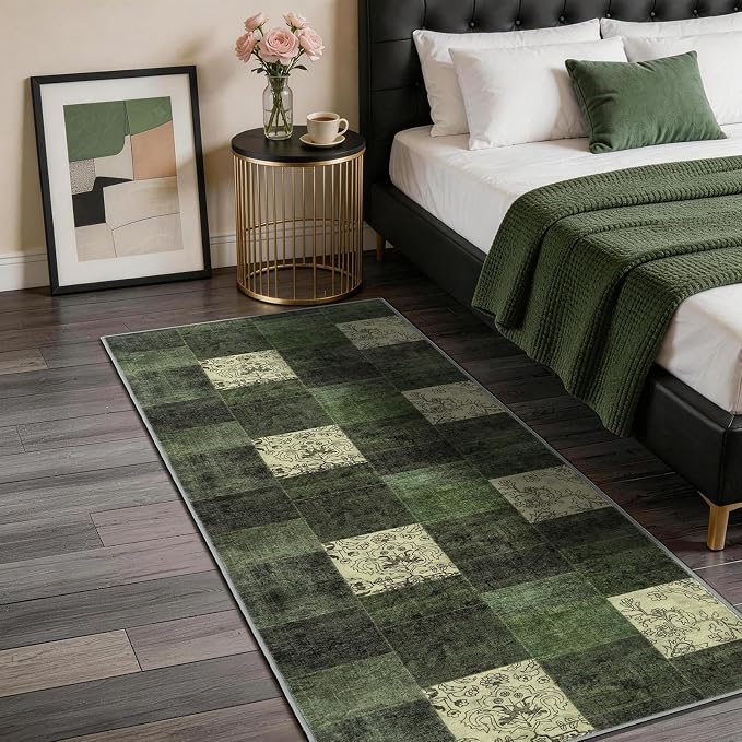 LIANLAM 2x6 Washable Runner Rug for Hallway&Kitchen,Non-Slip Long Carpet with Vintage Boho Checkered Design,Ultra-Thin Low Pile,Stain Resistant Easy Clean Floor Mat for High Traffic Areas(2x6,Green)