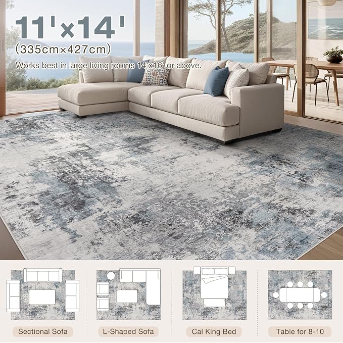 Abstract 11x14 Area Rug: Machine Washable Non Slip Ultra Thin Low-Pile Carpet, Soft Stain Resistant for Living Dining Room Bedroom, Kid Pet Friendly, Robot Vacuum Compatible - Grey Blue