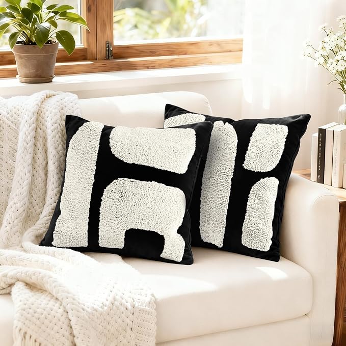 LandIdyll 2 Pcs Black and Cream Chunky Tufted Pillow Covers 18 x 18 Inch Boho Black and White Throw Pillow Covers Set Decorative Modern Abstract Geometric Pillowcase for Living Room Bed Couch Sofa