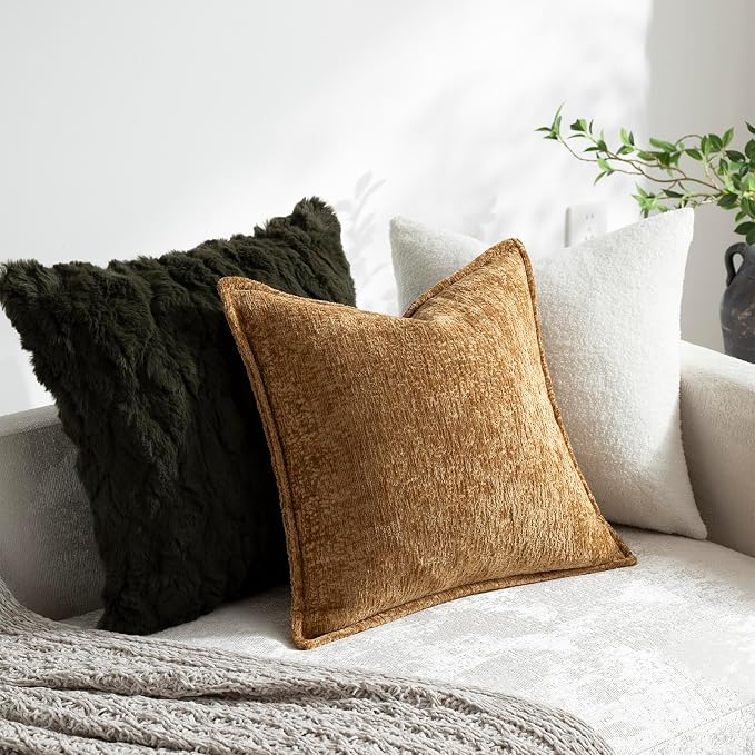 DEZENE Pack of 2 Golden Brown Decorative Throw Pillow Covers 16x16 Cozy Soft Chenille Accent Vintage Square Couch Pillow Covers for Home Decor Bed Sofa Living Room