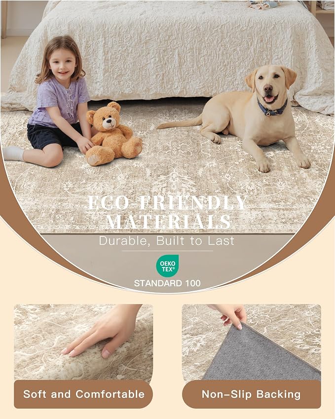 Madane Runner Rug 2x12 for Hallway, Kitchen Non-Slip Runner Rug with Rubber Backing, Vintage Soft Low Pile Throw Neutral Carpet Runner for Laundry Room Entryway Bathroom Bedroom (2 x 12, Beige/Brown)