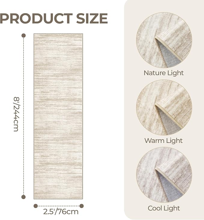 2'6 x 8' Runner Rug Non Slip,Washable Kitchen Rugs,Brown | Neutral Rugs for Kitchen,Entryway,Bedroom,Bathroom,Nursery Room,Thin,Soft Runner Rug,Stain Resistant Indoor Carpet