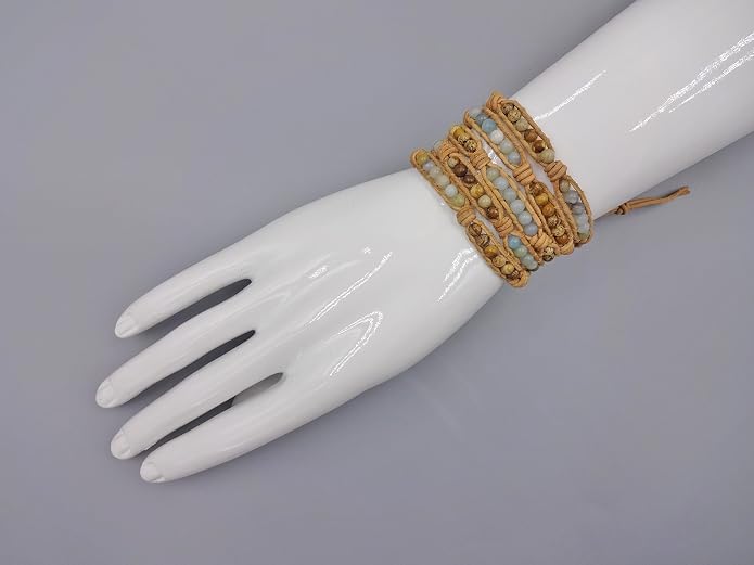 MGR MY GEMS ROCK! 35-Inch Long Multi-Layer Hand Crafted Gemstone and Crystal Multi-Stone Beaded on Genuine Leather Boho Style Stackable Super Wrap Bracelet, up to 5 Wraps.