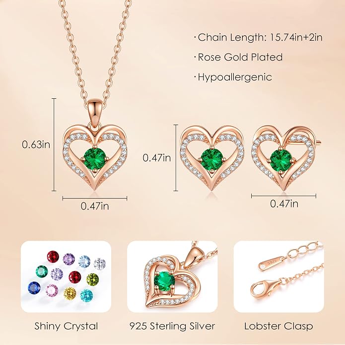 CDE Jewelry Sets for Women Love Heart Pendant Necklaces Earrings, 925 Sterling Silver with Birthstone Zirconia, Birthday Jewelry Gift for Wife Girlfriend Her